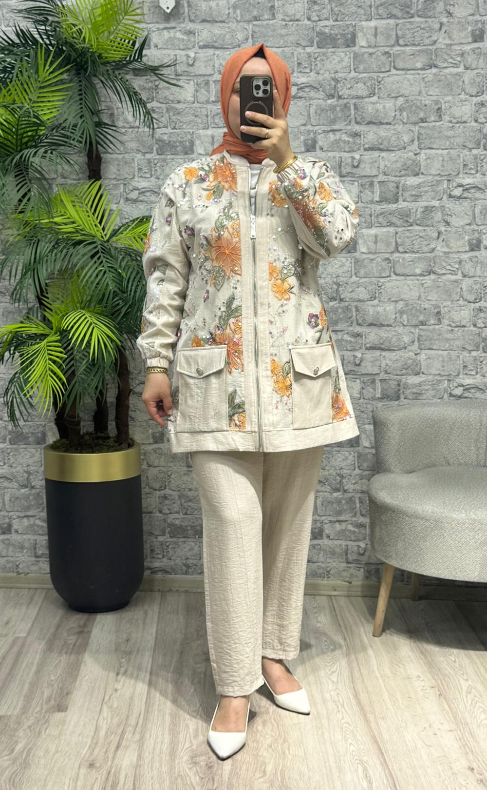 Kadın Pul İşlemeli Dantel Detaylı İkili Takım Turuncu
