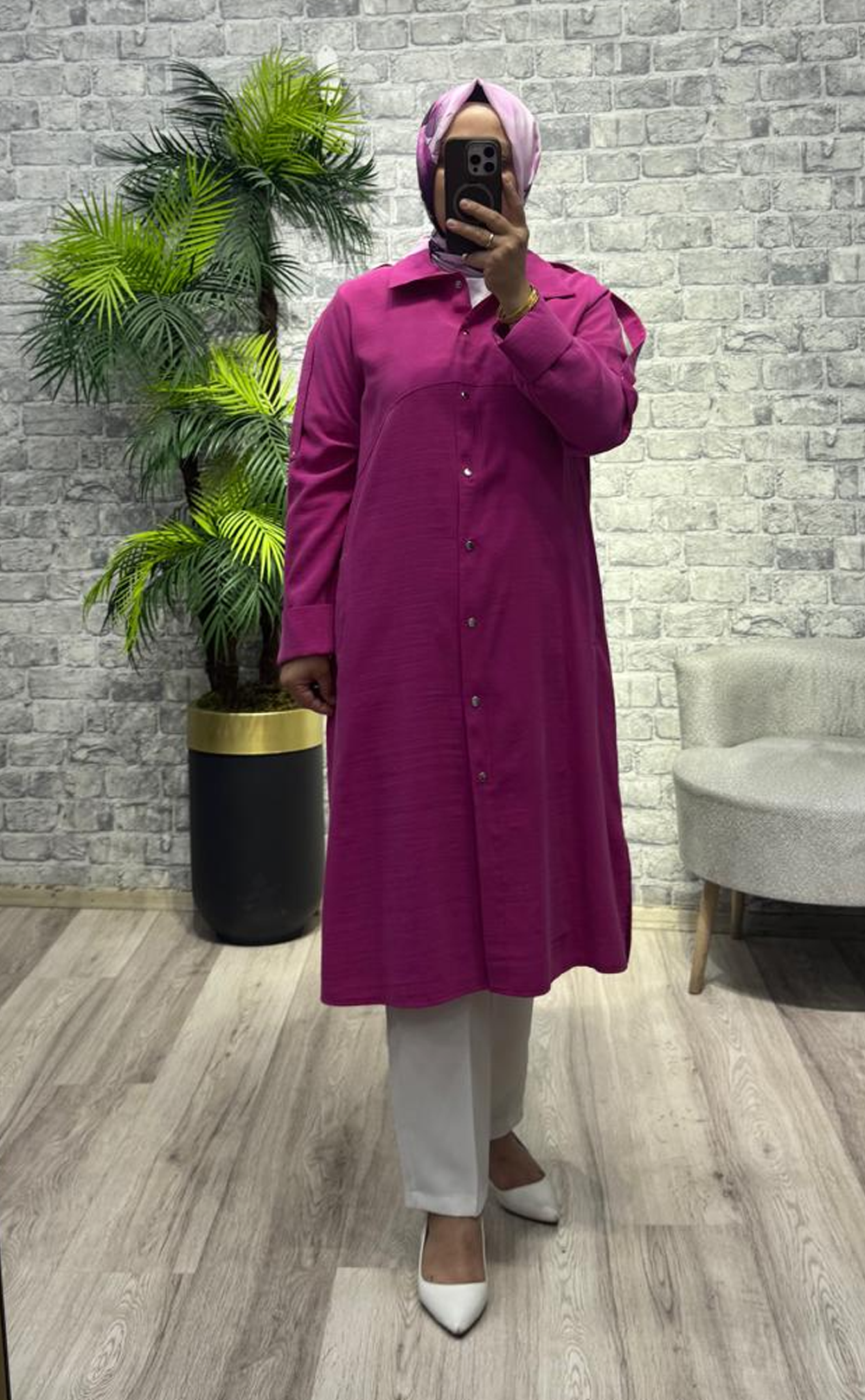Kadın Kupra Uzun Kap Ceket Fuşya